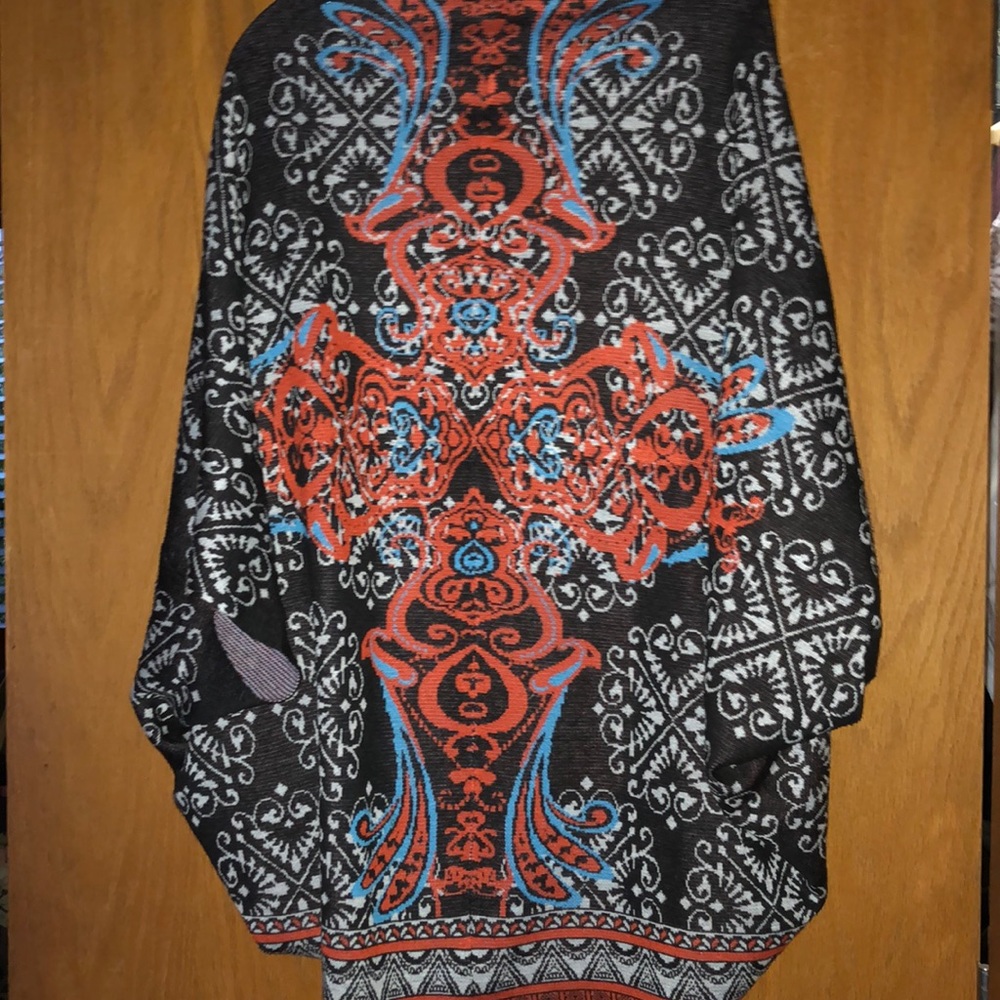 Jealous Tomato Black Sweater Poncho with Red and Blue Pattern